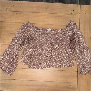 American Eagle Outfitters Brown and Cream Smocked Crop Blouse